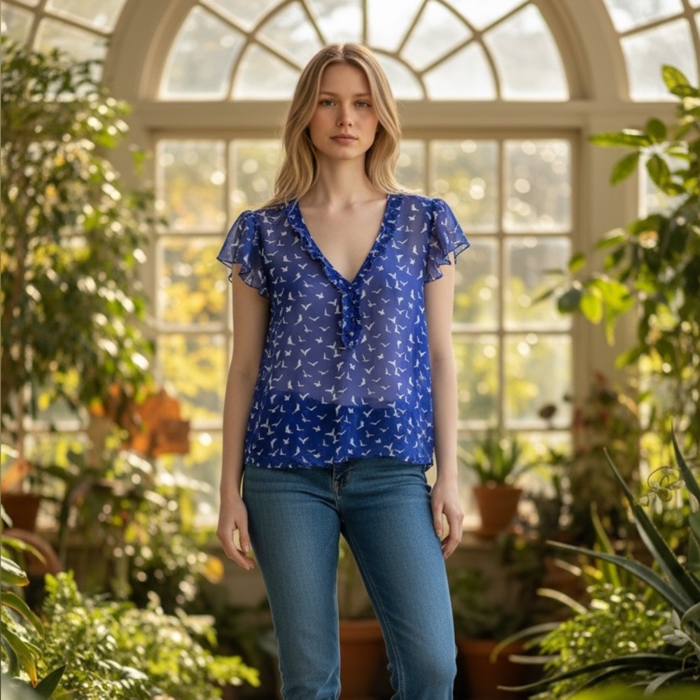 Lily Rose Blue Blouse with Bird Design